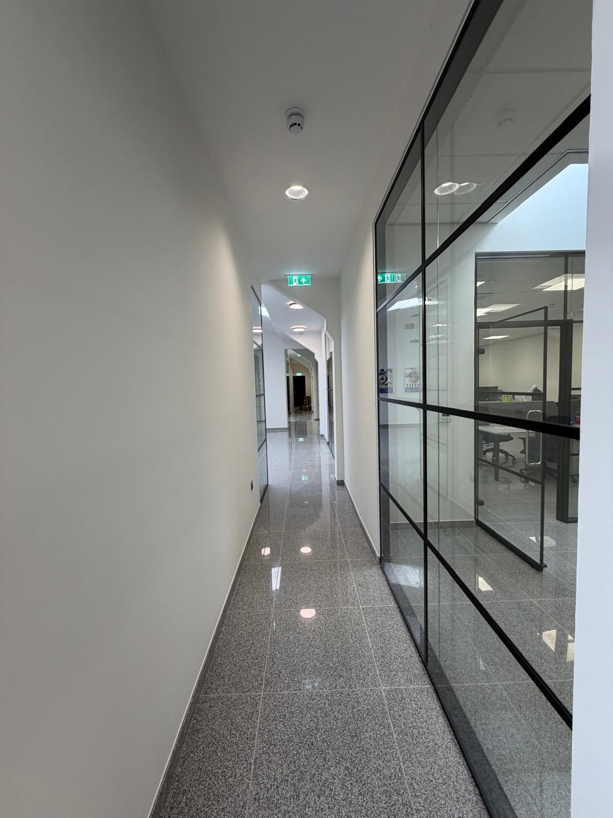 Finished corridor & glazed partition, Atlantic Plastics, JLG Construction Services