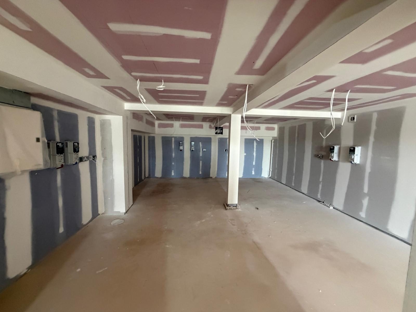 Plasterboard ceiling at taping stage, Atlantic Plastics, JLG Construction Services
