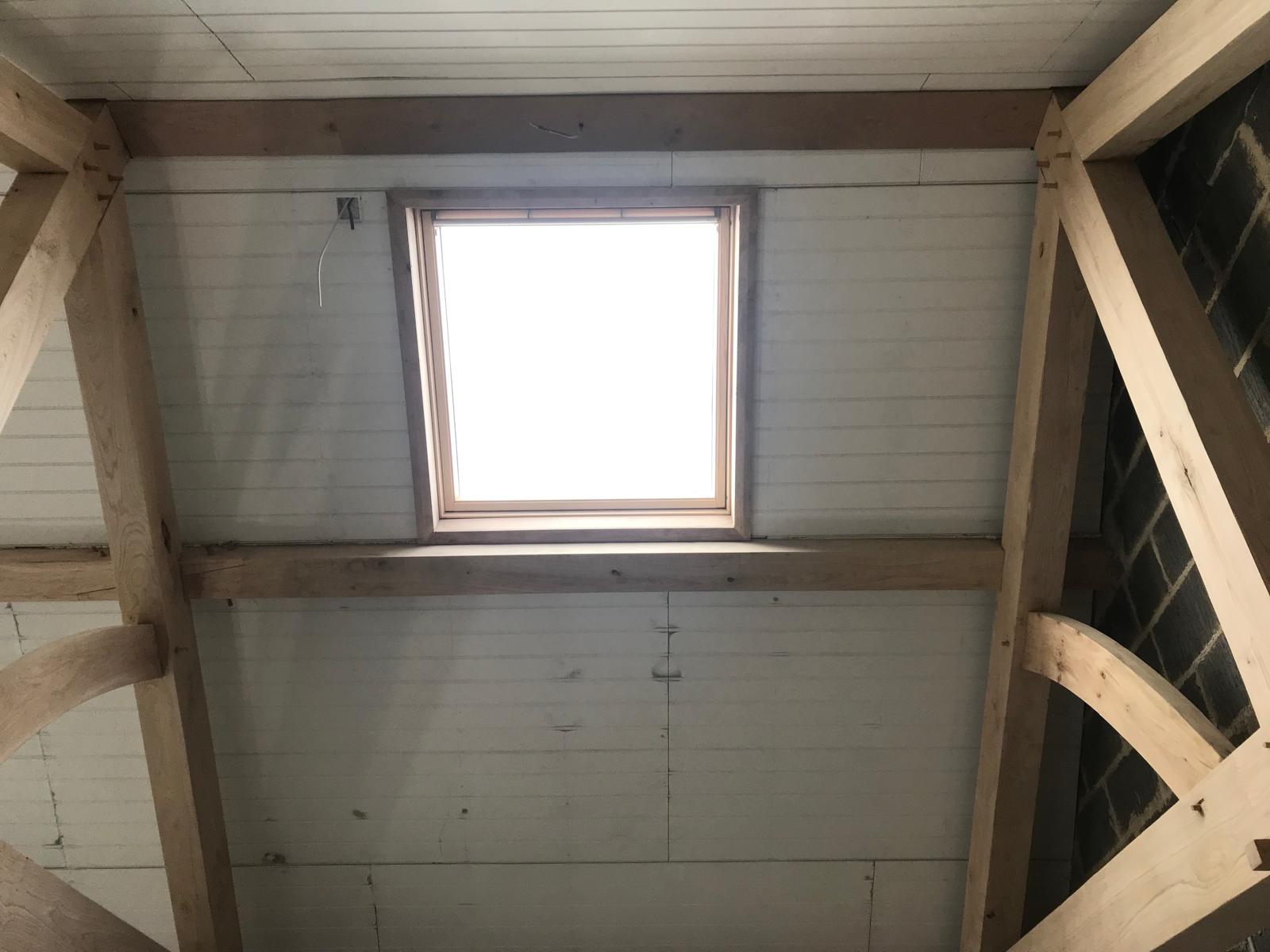 Skylight set into the boarded ceiling, Oak-Framed Farmhouse Extension, JLG Construction Services