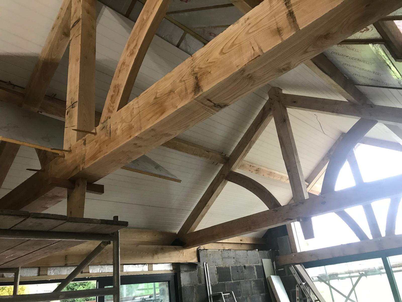 Exposed oak trusses under the boarded vaulted ceiling, Oak-Framed Farmhouse Extension, JLG Construction Services