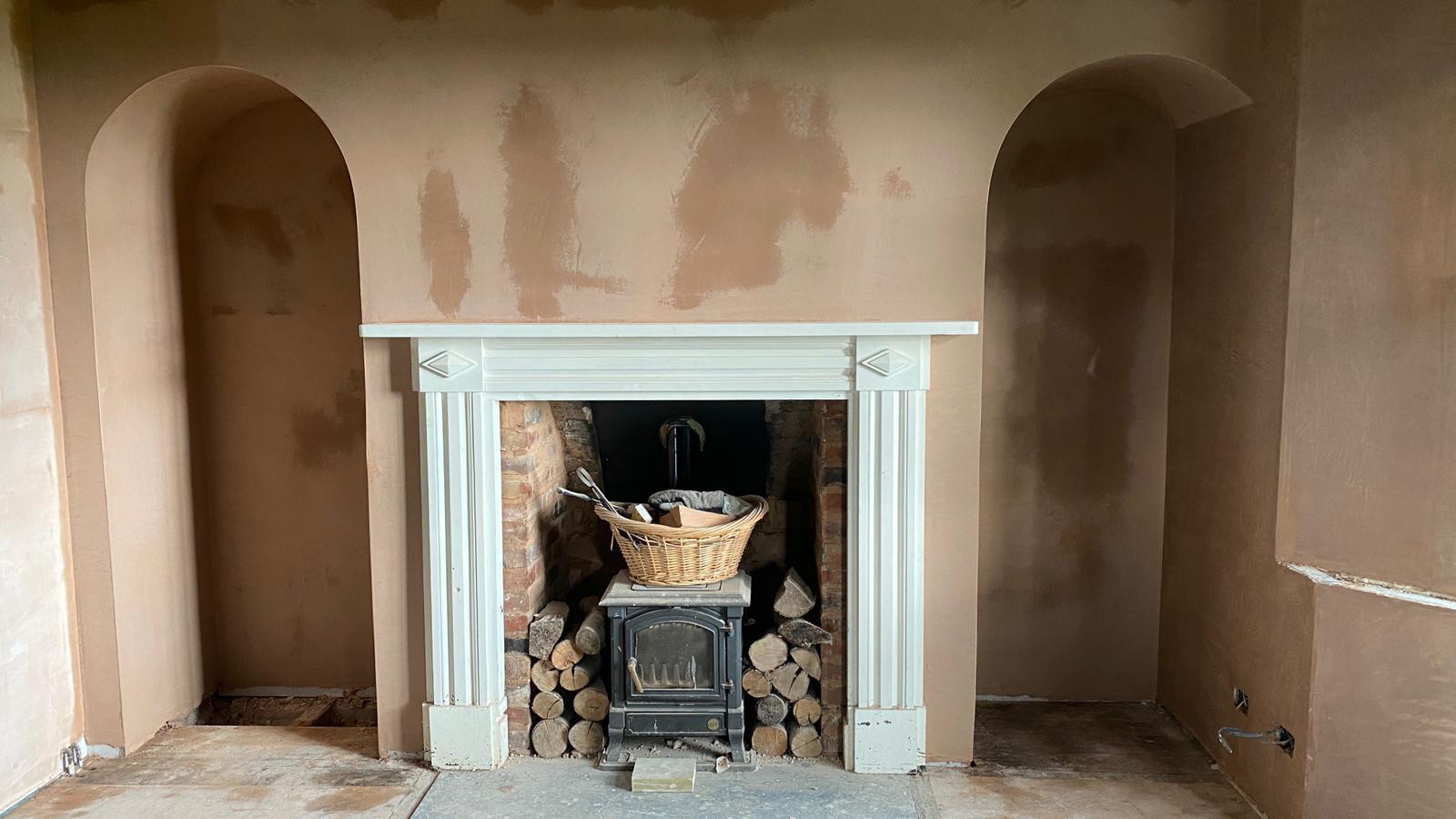 Fresh skim around the original fireplace and alcoves, Stoodleigh Cottage Renovation, JLG Construction Services