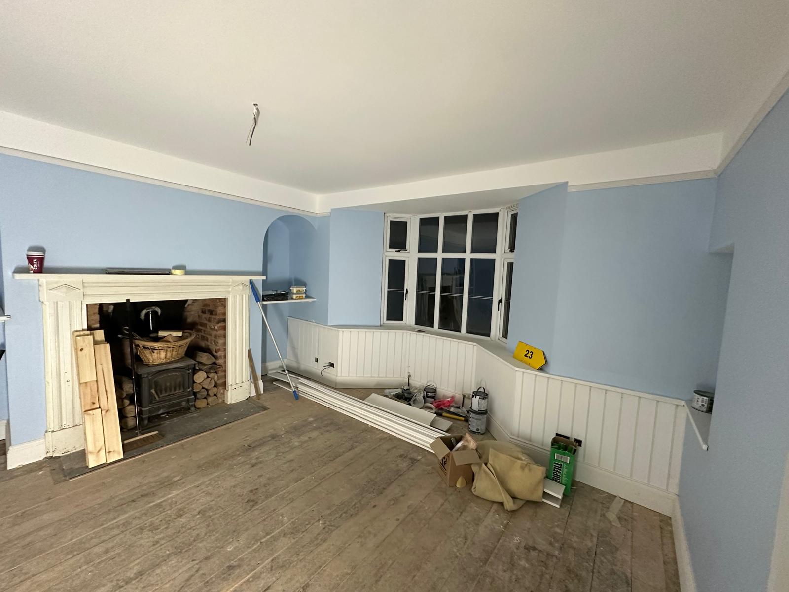 The finished sitting room, fireplace, panelling and all, Stoodleigh Cottage Renovation, JLG Construction Services