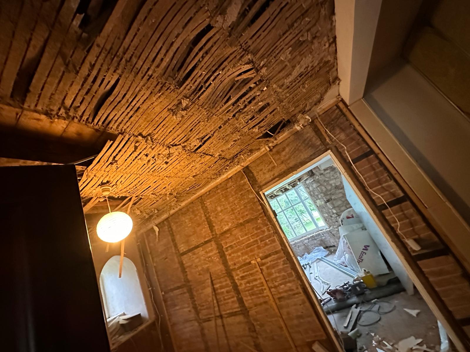 Lath ceilings and brick partitions exposed, Stoodleigh Cottage Renovation, JLG Construction Services
