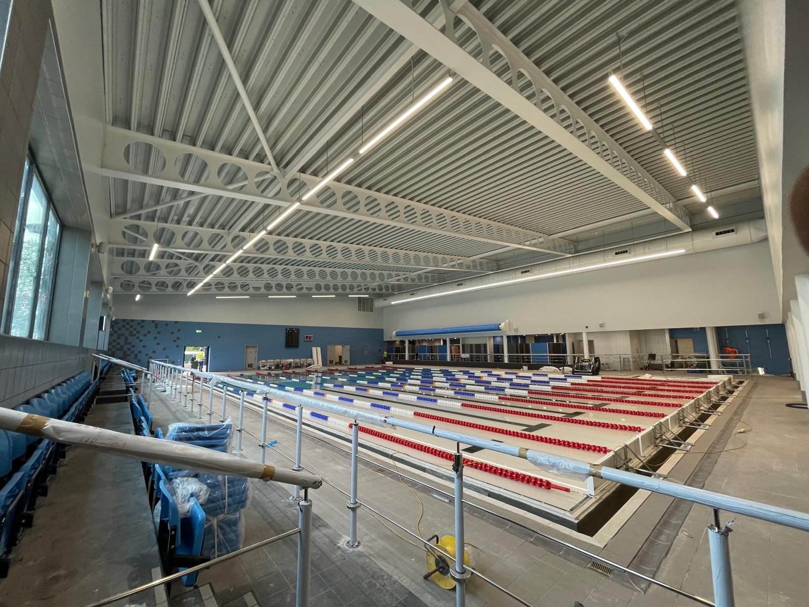 Ceiling structure over the pool — Tarka Leisure Centre, JLG Construction Services