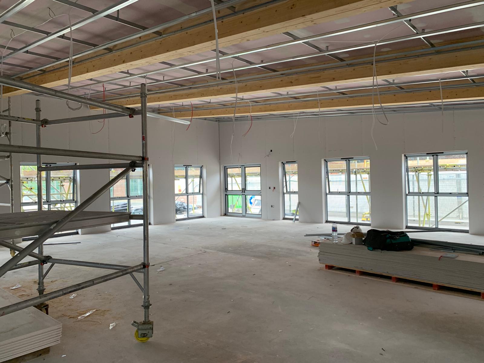 Walls boarded out, ceiling first-fix in progress, Wimborne School, JLG Construction Services